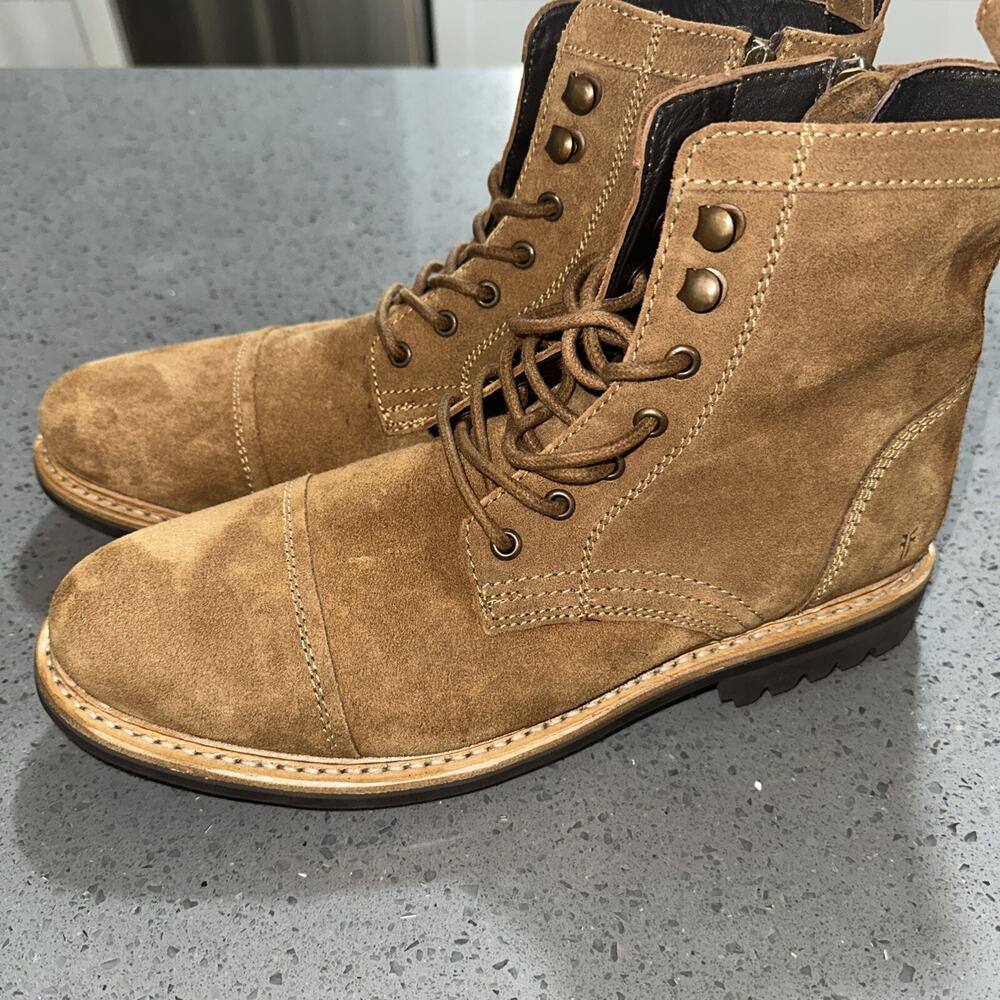 Frye Men’s Russell Boots Size 11 M Tan Leather Suede Cap Lace Zip Up FR41606